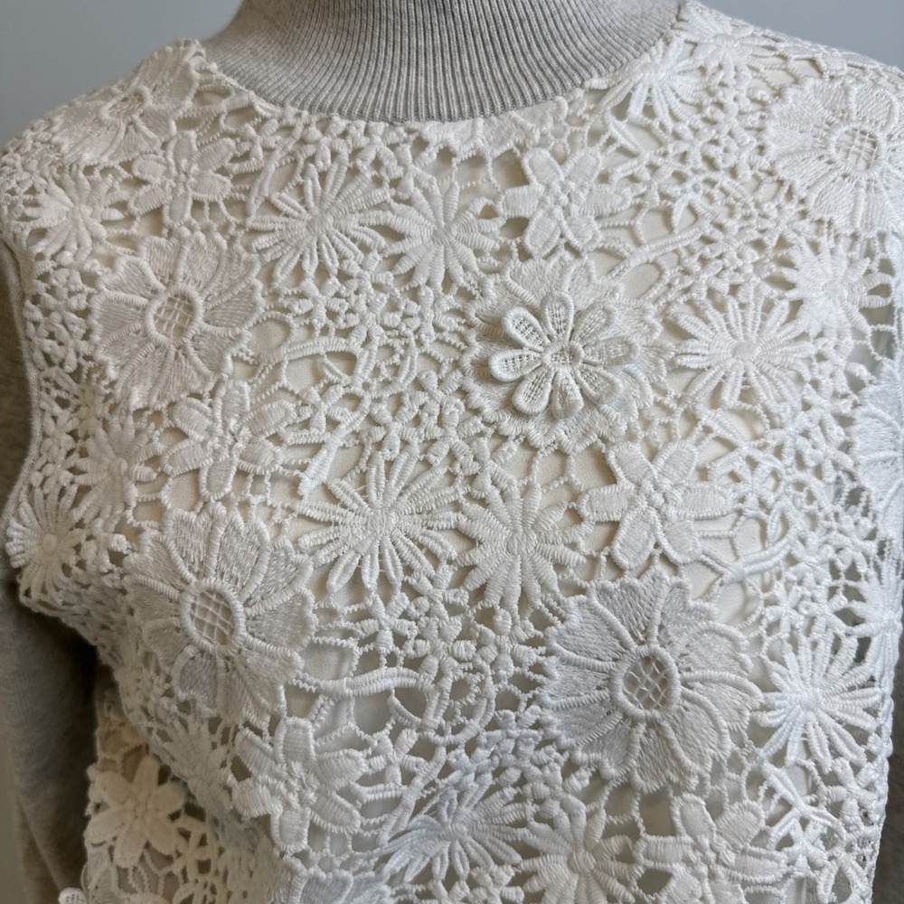 French Connection Floral Lace Sweater Womens S Gray Ivory Mock Neck Romantic - Picture 3 of 11